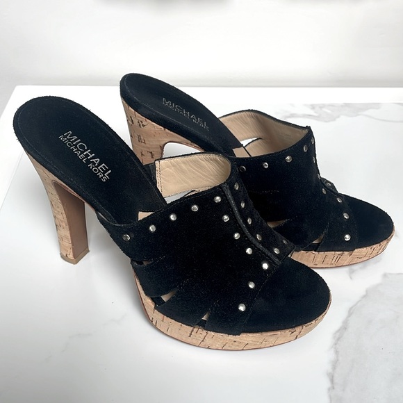 EUC Michael Kors Astor Black Suede Studded Corked Platform Slide Size 9 - Picture 1 of 9